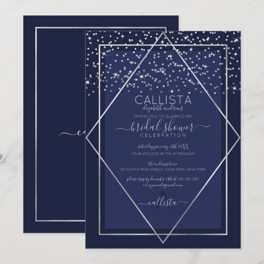 Navy Blue Silver Confetti Border Brautparty Einladung (Vorne/Hinten)