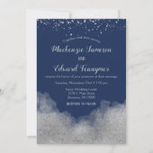 Navy Blue Silver Confetti Wedding Einladung (Vorderseite)