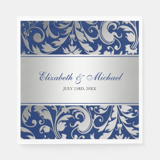 Navy Blue Silver Damask Wirbel Hochzeit Serviette (Vorderseite)