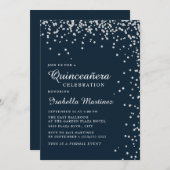 Navy Blue Silver Diamond Confetti Quinceañera Einladung (Vorne/Hinten)
