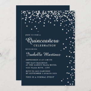 Navy Blue Silver Diamond Confetti Quinceañera Einladung
