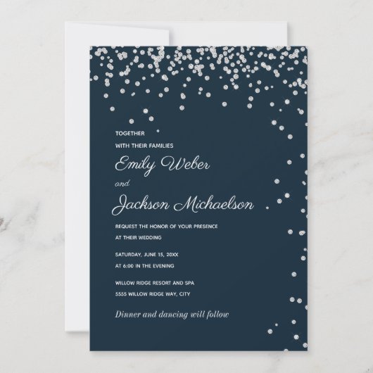 Navy Blue Silver Diamond Confetti Wedding Einladung (Vorderseite)