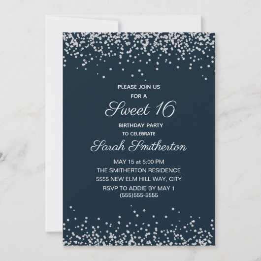 Navy Blue Silver Diamond Glitzer Sweet 16 Einladung (Vorderseite)