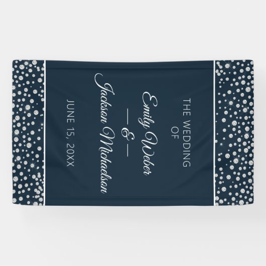 Navy Blue Silver Diamond Glitzer Wedding Banner (Horizontal)