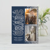 Navy Blue Silver Double Graduation Party Einladung (Stehend Vorderseite)