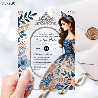 NAVY BLUE Silver Dress Quinceañera Blumengewirr Acryleinladungen