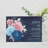 Navy Blue Silver Dusty Pink Floral Wedding Save The Date (Stehend Vorderseite)