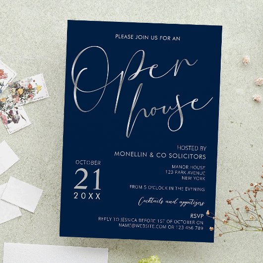 Navy Blue & Silver Elegantes Corporate Open House Einladung