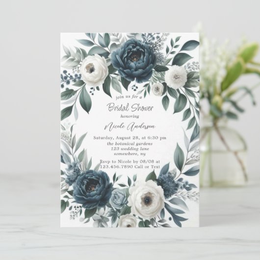 Navy Blue & Silver Elfenbeinblume Brautparty Einladung (Stehend Vorderseite)