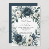 Navy Blue & Silver Elfenbeinblume Brautparty Einladung (Vorne/Hinten)