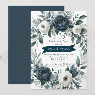 Navy Blue & Silver Elfenbeinflora Engagement Party Einladung