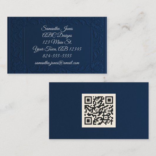 Navy Blue & Silver Embossed QR Code Business Cards Visitenkarte (Vorne/Hinten)
