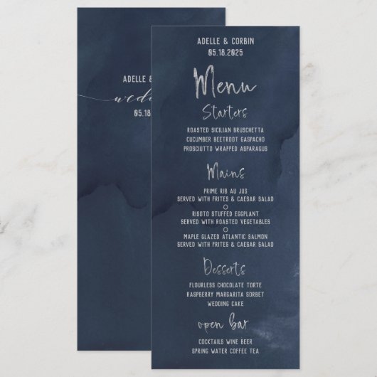 Navy Blue Silver Extravagant Calligraphy Script We Menükarte (Vorne/Hinten)