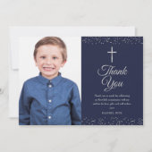 Navy Blue Silver First Heilige Kommunion Foto Dankeskarte (Vorderseite)