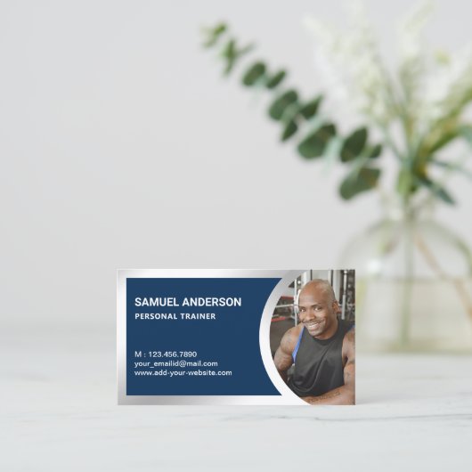 Navy Blue Silver Fitness Personal Trainer Foto Visitenkarte (Stehend Vorderseite)