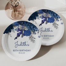 Navy Blue Silver Floral 80. Geburtstagsparty