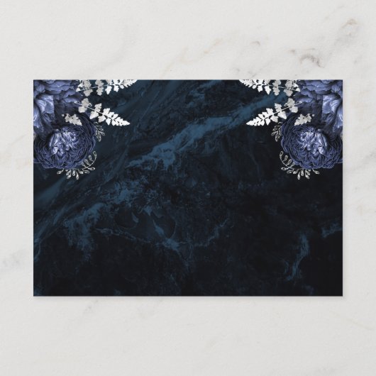 Navy Blue Silver Floral Agate Script Wedding RSVP Begleitkarte (Rückseite)