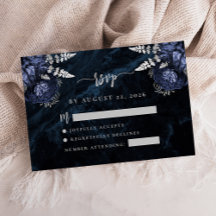 Navy Blue Silver Floral Agate Script Wedding RSVP