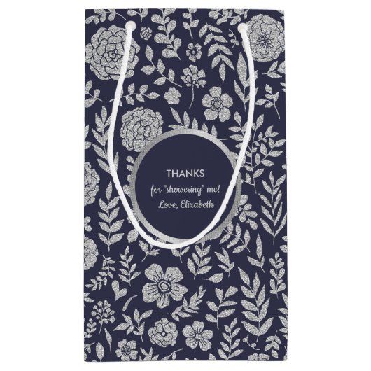 Navy Blue Silver Floral Brautparty Vielen Dank Kleine Geschenktüte (Rückseite)