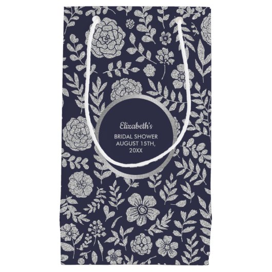 Navy Blue Silver Floral Brautparty Vielen Dank Kleine Geschenktüte (Vorderseite)