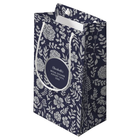 Navy Blue Silver Floral Brautparty Vielen Dank Kleine Geschenktüte (Vorderseite Schrägansicht)