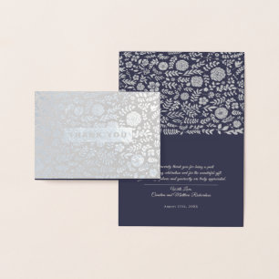 Navy Blue Silver Floral Danke Hochzeit Folienkarte
