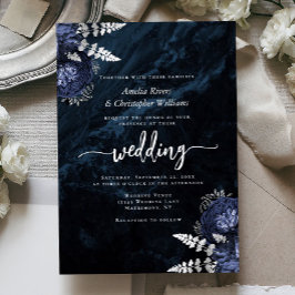 Navy Blue Silver Floral Elegant Wedding Folieneinladung
