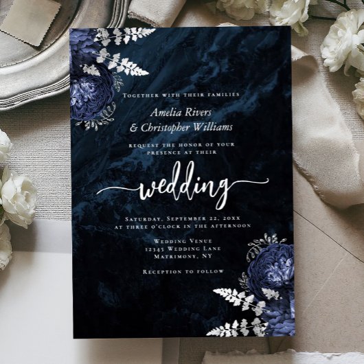 Navy Blue Silver Floral Elegant Wedding Folieneinladung