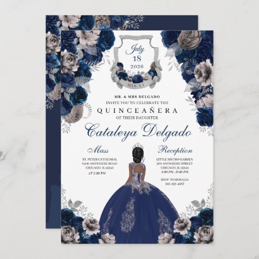 Navy Blue & Silver Floral Elegante Quinceañera Einladung (Vorne/Hinten)