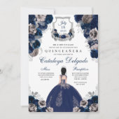 Navy Blue & Silver Floral Elegante Quinceañera Einladung (Vorderseite)