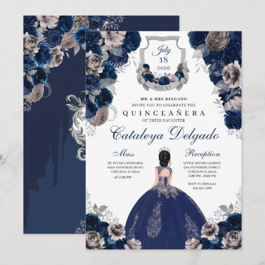 Navy Blue & Silver Floral Elegante Quinceañera Einladung (Vorne/Hinten)