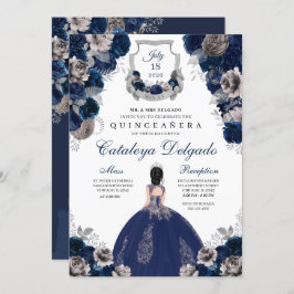 Navy Blue & Silver Floral Elegante Quinceañera Einladung