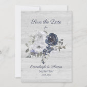 Navy Blue Silver Floral Foto Save the Date (Vorderseite)