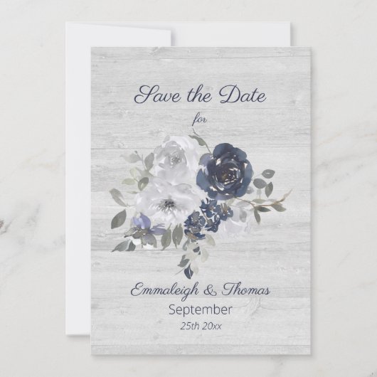 Navy Blue Silver Floral Foto Save the Date (Vorderseite)