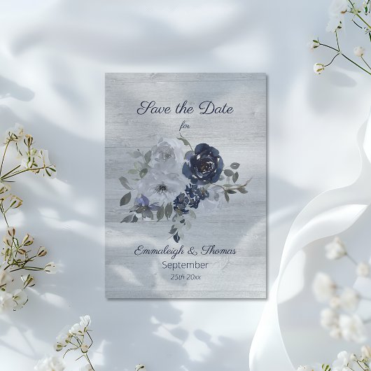 Navy Blue Silver Floral Foto Save the Date