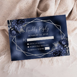 Navy Blue Silver Floral Geometric RSVP Karte