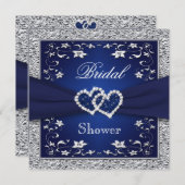 Navy Blue, Silver Floral, Hearts Brautparty Einladung (Vorne/Hinten)