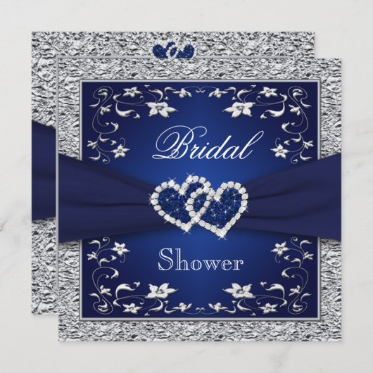 Navy Blue, Silver Floral, Hearts Brautparty Einladung (Vorne/Hinten)