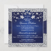 Navy Blue, Silver Floral, Hearts Brautparty Einladung (Rückseite)
