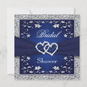 Navy Blue, Silver Floral, Hearts Brautparty Einladung (Vorderseite)
