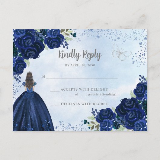Navy Blue Silver Floral Prinzessin Quinceañera UAW Postkarte (Vorderseite)
