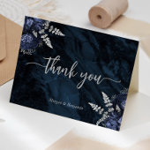 Navy Blue Silver Floral Script Wedding Dankeskarte
