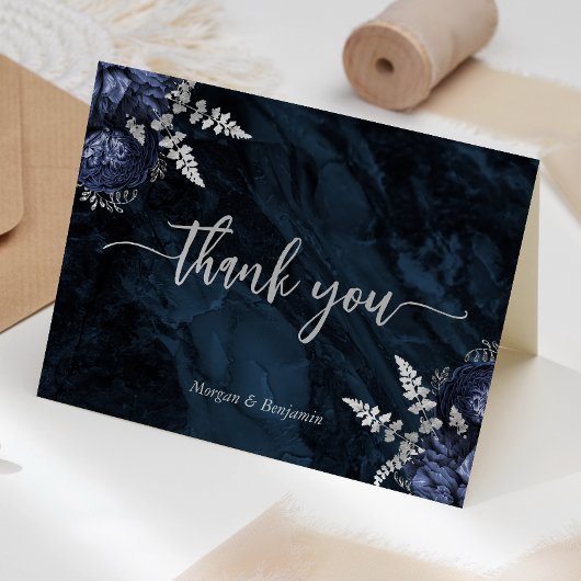 Navy Blue Silver Floral Script Wedding Dankeskarte