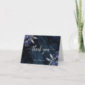 Navy Blue Silver Floral Script Wedding Dankeskarte (Vorderseite)