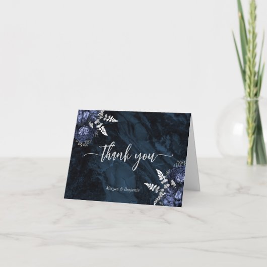 Navy Blue Silver Floral Script Wedding Dankeskarte (Vorderseite)