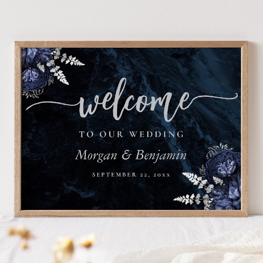 Navy Blue Silver Floral Wedding Welcome Poster