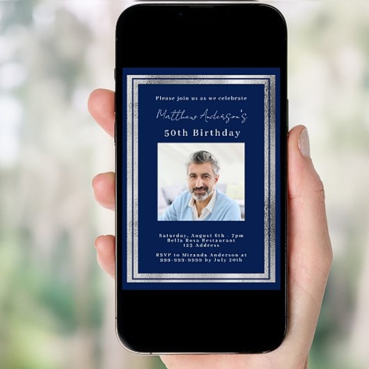 Navy Blue Silver Foto Geburtstag Einladung