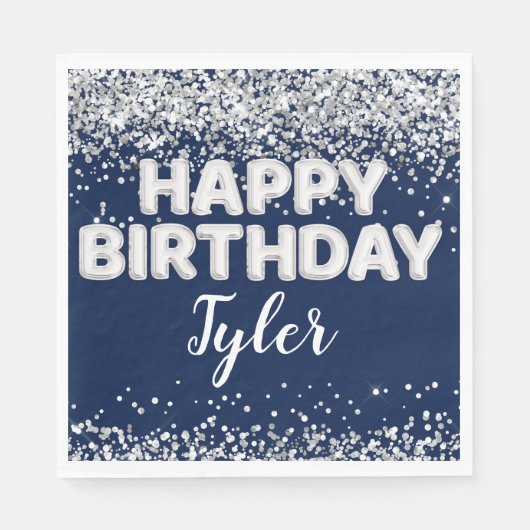 Navy Blue Silver Geburtstagsparty Serviette (Vorderseite)
