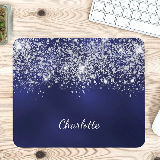 Navy blue silver glitter monogram name script mousepad
