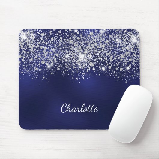 Navy blue silver glitter monogram name script mousepad (Mit Mouse)